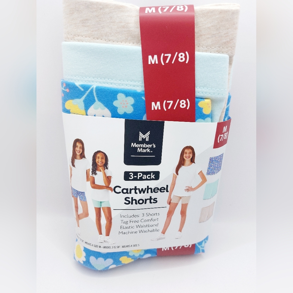 Members Mark 3 pack shorts Girls M 7-8 tan blue flowers